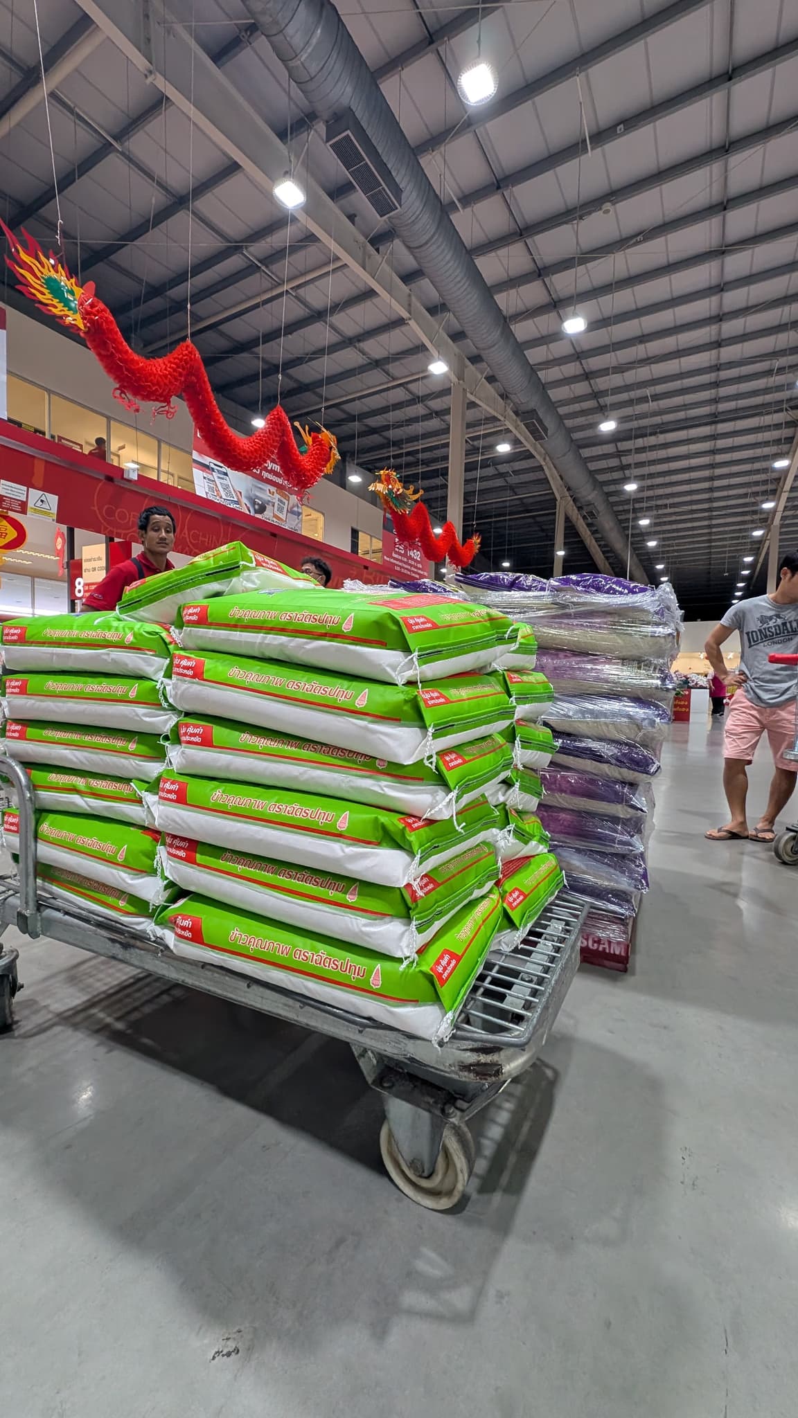 A warehouse trolley stacked chest-high with green sacks of rice, a pallet of purple sacks behind it, under industrial lighting