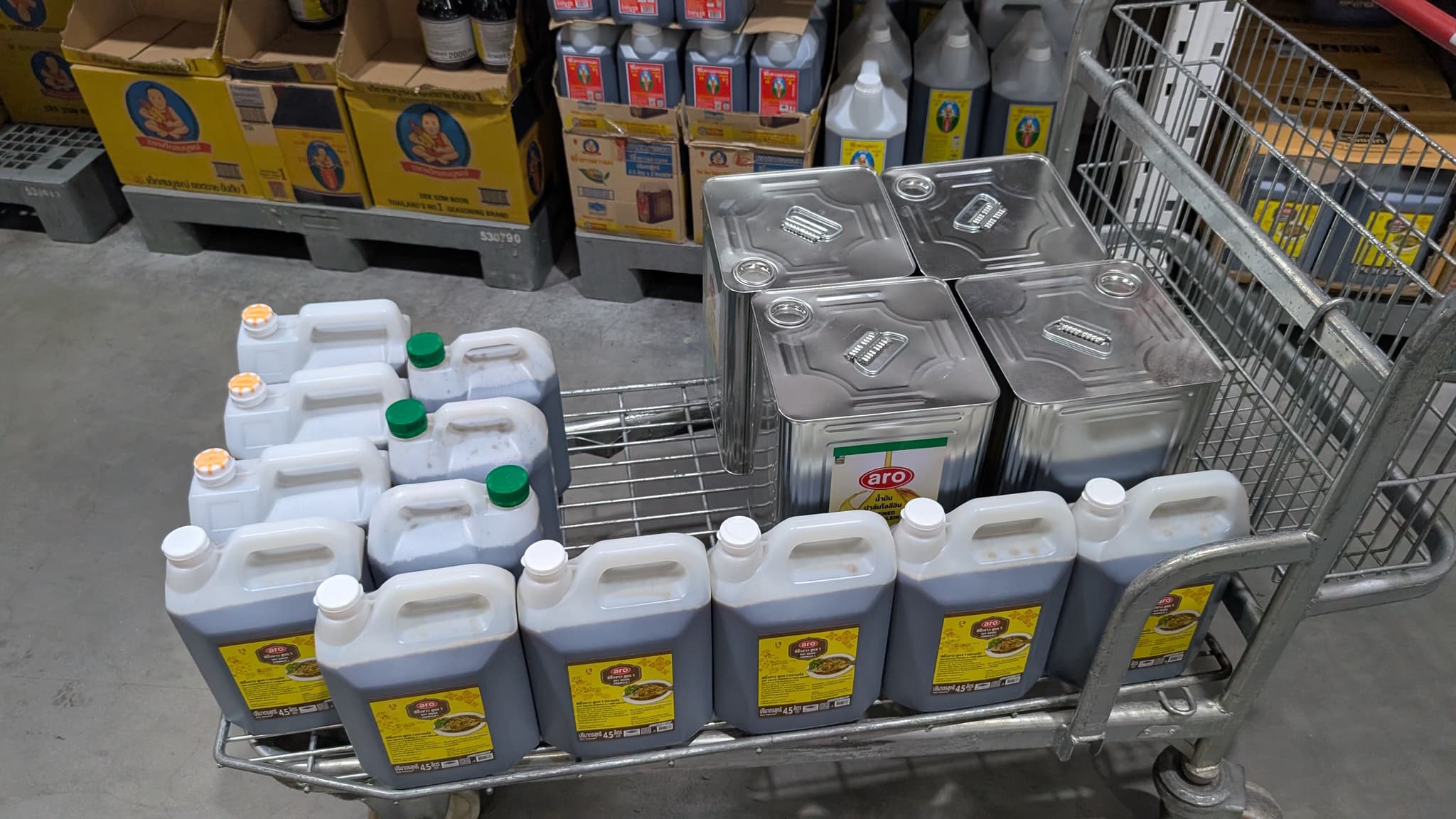 Cart from above with cooking oil and sauce